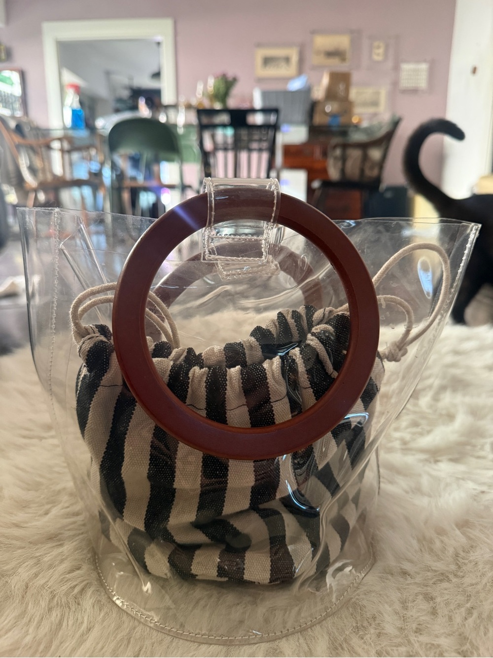 Clear Tote Bag with Black & White Striped Canvas Pouch Forever21 NWT